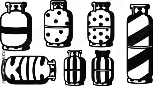 Black and white illustration of various gas cylinders and tanks for storage and transportation  industrial equipment