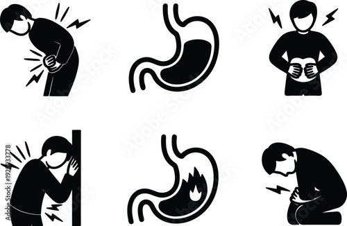 Black and white illustrations of people experiencing stomach pain and discomfort with stomach icons  stomach problems and digestive health