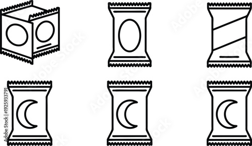 Black and white line drawing of various snack food packaging and a box  simple illustrations