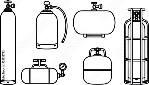 Black and white line drawings of various gas cylinders and tanks for industrial and medical use