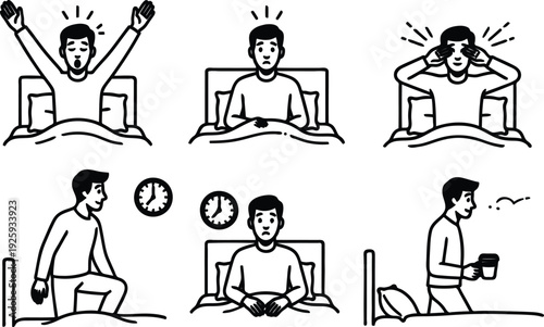 Line drawing of a man waking up in bed and morning routine
