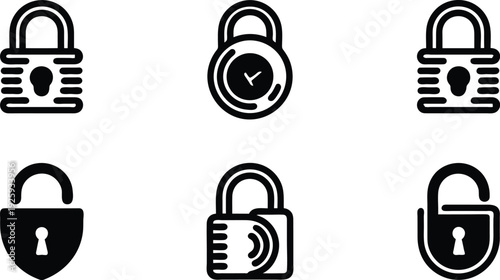 Padlock and shield security icons with lock and key symbols  various black and white security graphics
