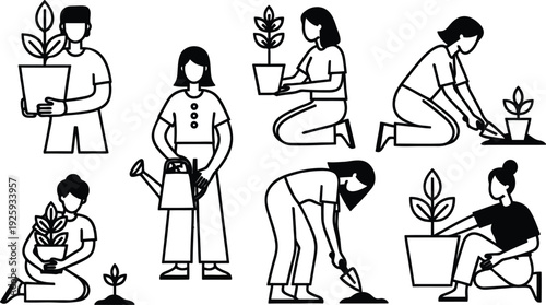 People gardening and taking care of plants in various activities  planting watering and nurturing