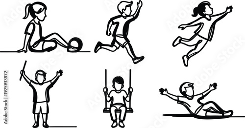 Set of kids playing outside in park or backyard  children running jumping sitting on swing and skateboard