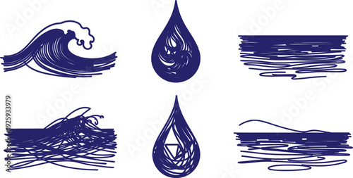 Set of six blue wave and water drop artistic illustrations  hand drawn sketches of ocean wave and droplets on white