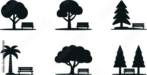 Silhouette icons of various trees and benches in park  trees with benches  landscape design elements