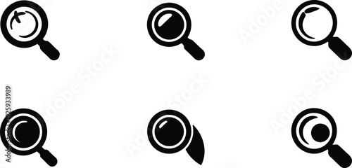 Six black magnifying glass icons in various positions on white background for search concepts and investigation themes  various magnifying glass icons