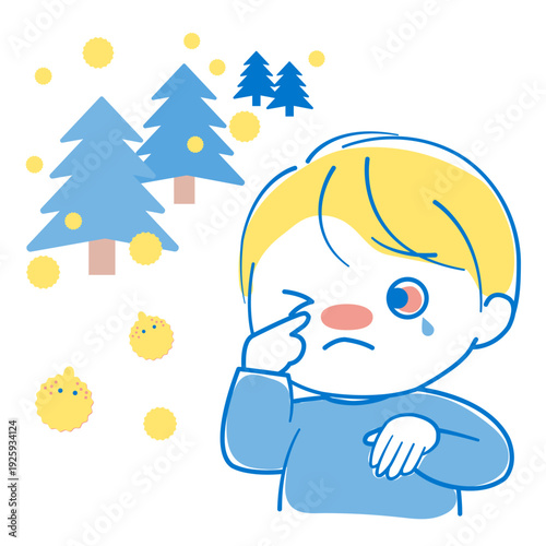花粉症で眼がかゆく充血している男の子
