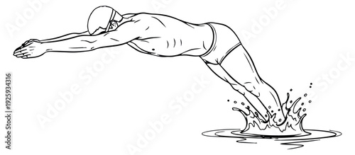 Hand drawn line art illustration of a swimmer depicting a dive into water for sports and fitness