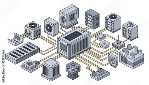 Central computer system with various peripherals and components.