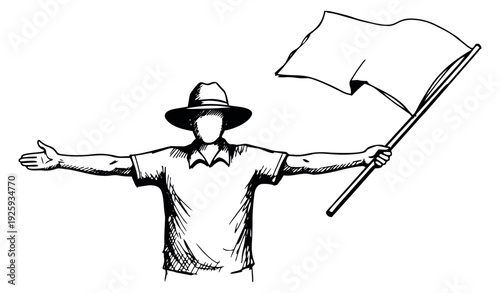 Hand drawn line art illustration of an official depicting a signal with a flag for a sporting event