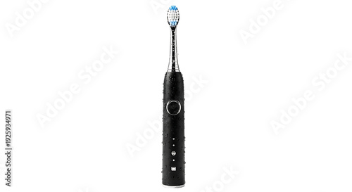 An electric toothbrush stands upright on a white surface, viewed from the side, showcasing its sleek design and blue bristles