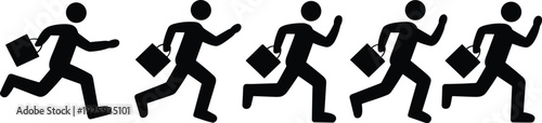 Running businessman silhouette with briefcase set, dynamic office worker in motion sequence, black vector illustration isolated on white background