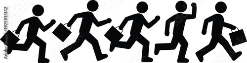 Running businessman with briefcase silhouettes collection, dynamic corporate employee in motion poses, black vector illustration isolated on white background