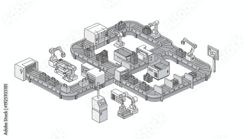 Industrial factory production line with robotic machinery and equipment.