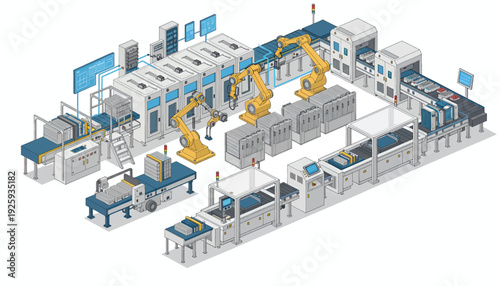 Industrial factory layout with robotic arms and machinery.