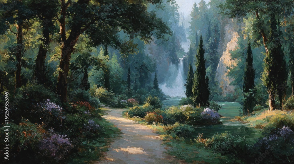 Obraz premium Serene Forest Path with Waterfall