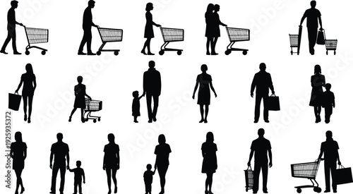 Shopping family silhouettes with carts and bags, supermarket customer collection vector illustration isolated on white background, retail consumer lifestyle set