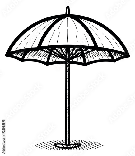 Hand drawn line art illustration of a beach umbrella depicting an open parasol for summer vacation