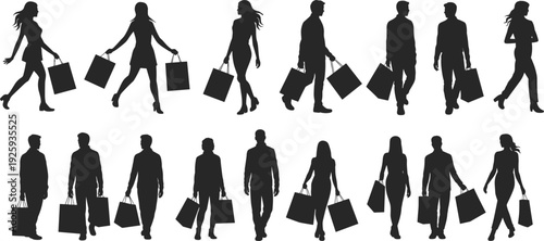 Shopping people silhouettes collection, men and women carrying bags walking in urban fashion style, black isolated vector illustration set for retail