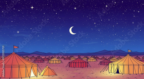 Vibrant desert festival at dusk with glowing tents starry night sky and crescent moon evoking adventure and freedom in a peaceful outdoor setting