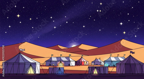 Vibrant desert nomad camp at night with glowing tents under starry sky and majestic sand dunes