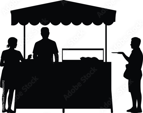 Street food stall silhouette with vendor and customers, market kiosk scene, black vector illustration isolated on white background