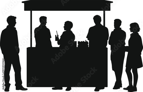 Street food stall silhouettes with customers and vendor, people ordering drinks at market kiosk, isolated black vector illustration for urban lifestyle concept