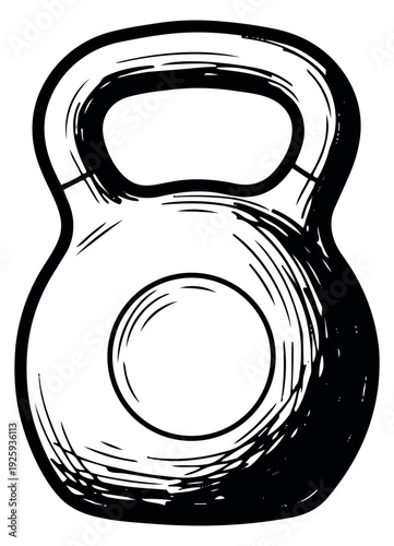 Hand drawn line art illustration of a kettlebell depicting strength training for fitness exercises