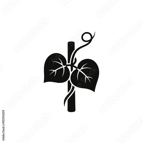 Black Minimalist Climbing Vine with Support Stake Icon - Ivy Plant Flat Design Botanical Vector