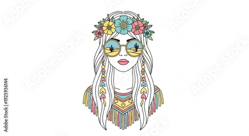 Colorful illustration of a woman with long white hair wearing sunglasses and a floral crown on her head with a vibrant outfit and accessories exuding a bohemian style and carefree