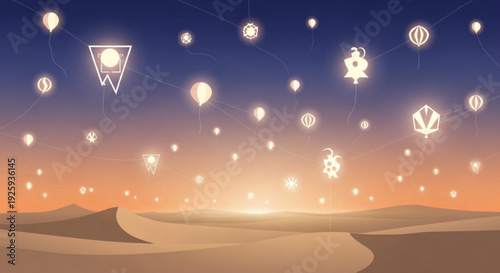 Cryptocurrency symbols float above desert landscape at sunset with glowing sand and vibrant orange blue sky