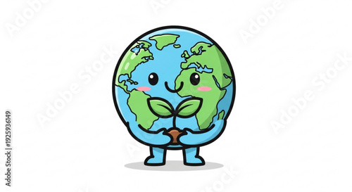 Smiling earth character holding green sprout in hands symbolizing environmental care and sustainability