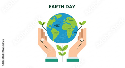 Earth day illustration with hands holding the globe and green sprouts symbolizing environmental care and sustainability