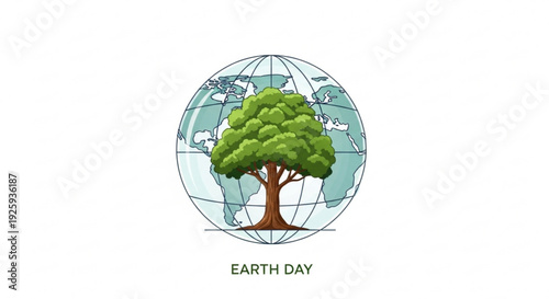 Earth day illustration of a green tree on a globe symbolizing environmental conservation and sustainability