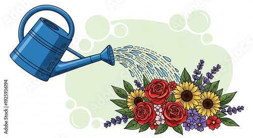 Blue watering can pouring water on a bouquet of colorful flowers including roses sunflowers and lavender against a soft green background
