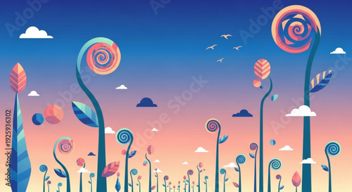 Vibrant whimsical flowers bloom under a serene sunset sky with swirling petals and soft clouds floating gently