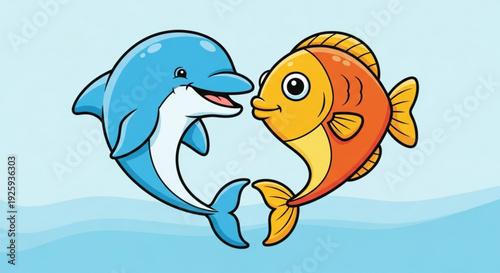 Smiling dolphin and colorful fish swimming together in ocean water friendship and harmony in sea life