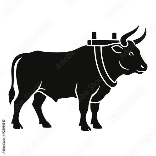 Minimalist Black Ox Silhouette Icon - Working Bull with Yoke and Draft Animal Flat Vector Illustration