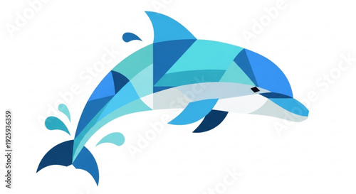 Vibrant blue dolphin jumping out of water in geometric art style with splash