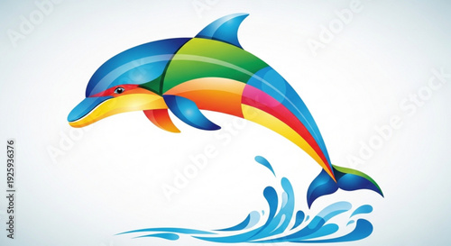 Vibrant multicolored dolphin jumping out of water with dynamic splash on white background