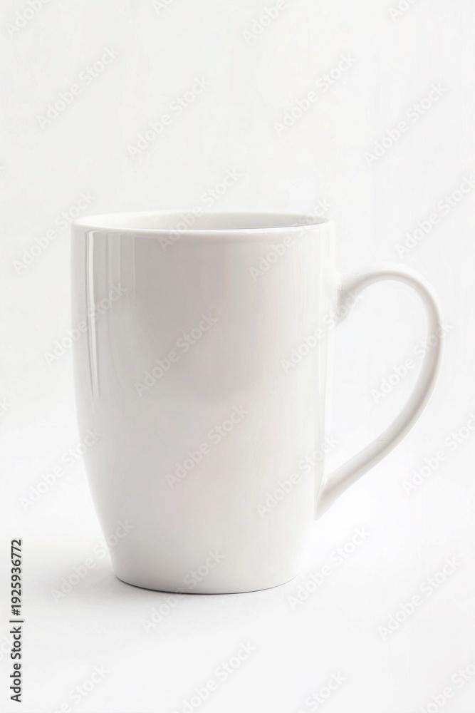 Obraz premium A plain ceramic mug tilted slightly on solid white background, glaze imperfections.