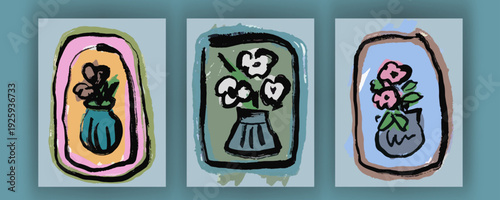 Hand draw flowers with texture. Vector, isolated, ink brush outline. Free, interesting abstract style, chaotisch, funny and artistic. 