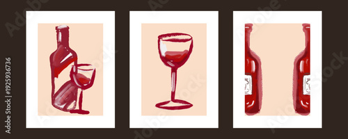 Posters of oil printings with wine. Hand drawn with texture. Abstract art, interesting and free drawing. Original art. Vector, isolated.