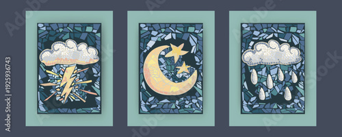 Mosaic posters with clouds rein and lightning. Hand drawn and placed pieces of tiles. Pastel colors, mystical and original.  Vector, isolated. 