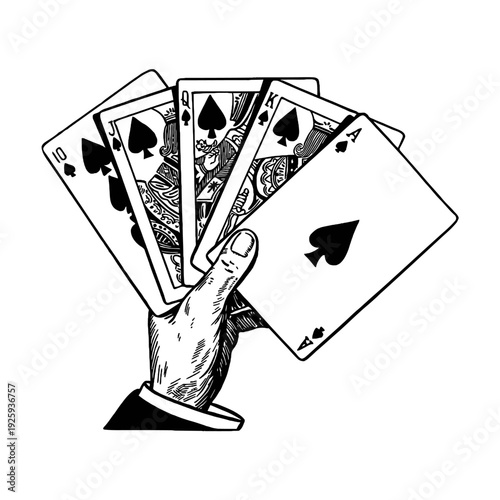 Hand Holding Royal Straight Flush Spades Tattoo Stencil Black and White