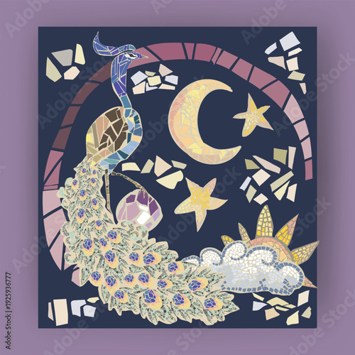 Interesting Mosaic. Original style and artwork. A peacock, moon, sun, stars and clouds. Hand placed parts. Vector, isolated.
