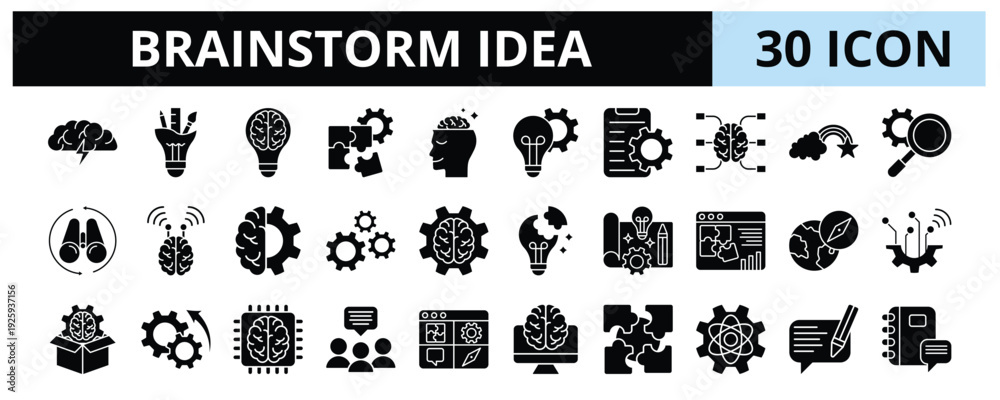 Obraz premium 30 Brainstorm Idea Glyph Icons Vector - Health Insurance, Dental Insurance, Retirement, Pension, Vacation, Bonus, Incentive, Compensation