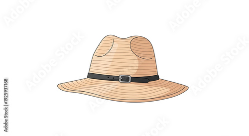 Illustration of a casual straw hat with a black band and buckle, perfect for outdoor activities and travel