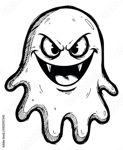 Hand drawn line art illustration of a ghost depicting an evil smile with fangs for Halloween